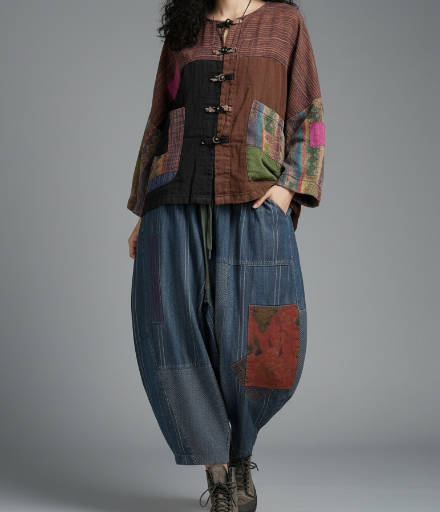 Retro Patchwork Plaid Denim Wide-Leg Trousers