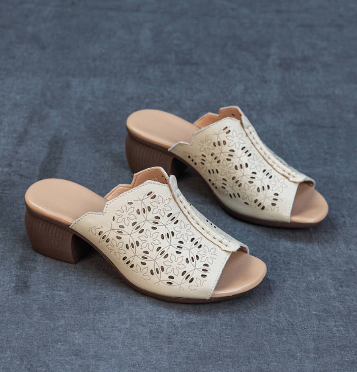 Vintage Genuine Leather Open Toe Fish Mouth Hollow Out Soft Sandals