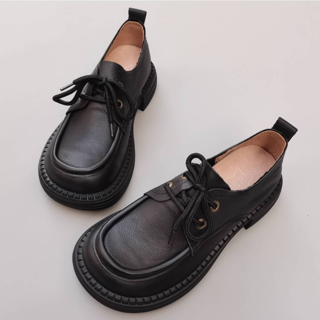 Retro Top Leather Wide Toe Soft Sole Chunky Lace-Up Slip-On Shoes