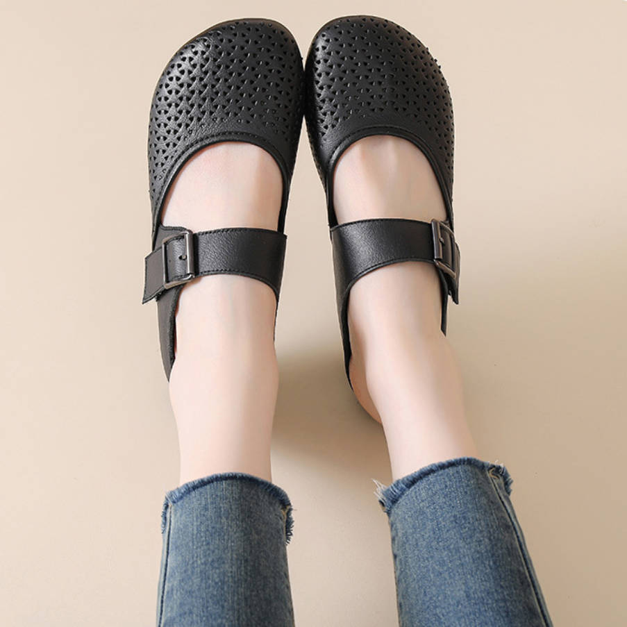 Retro Top Leather Round Toe Hollow One Straped Slip-On Shoes