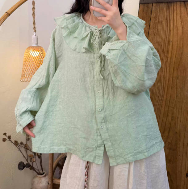 Spring Linen Solid Color Long Sleeve Ruffled Collar Shirt