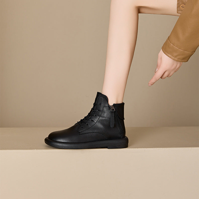 Soft Sole Top Leather Round Toe Zipper Casual Ankle Boots