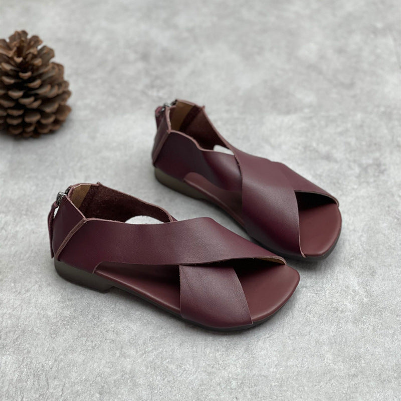 Summer Retro Leather Crossing Straped Open Toe Zipper Flats