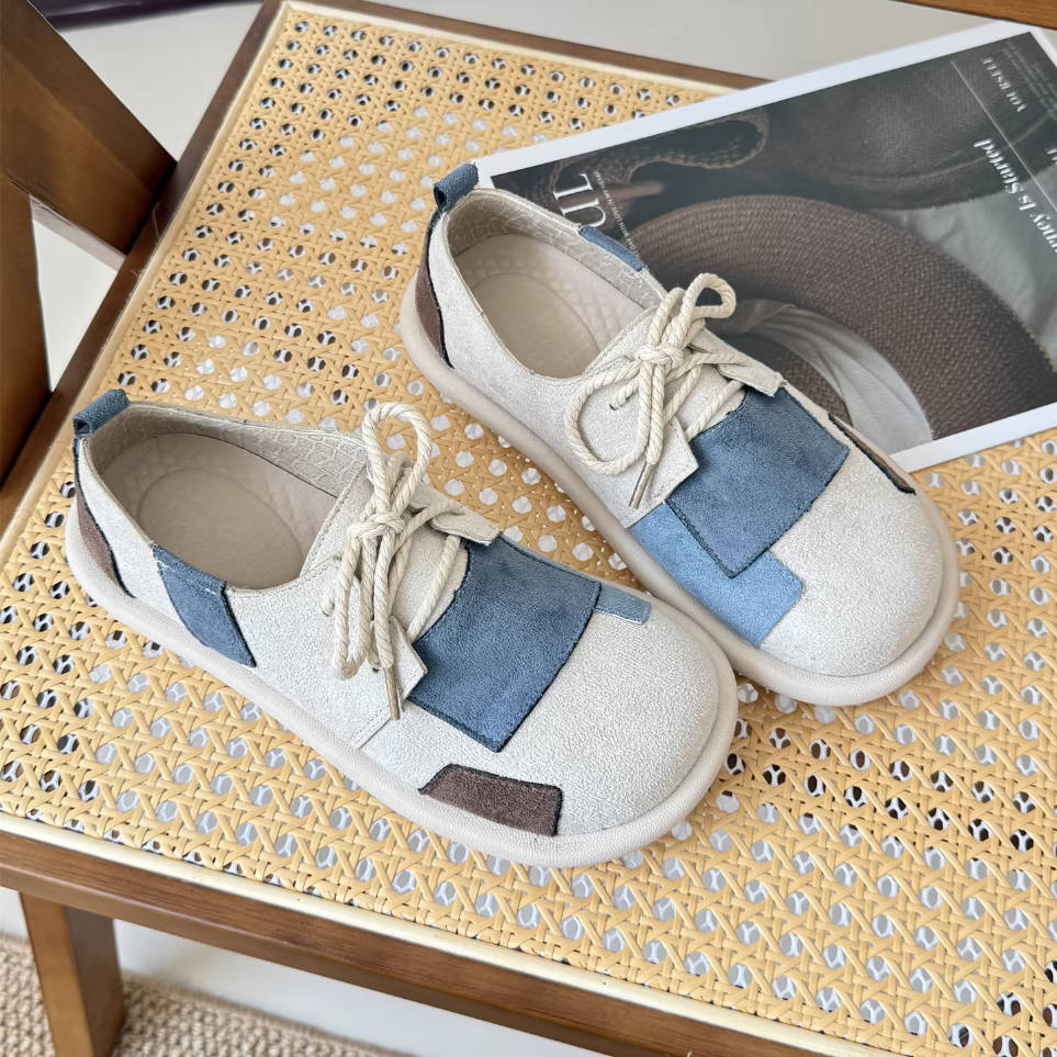 Autumn Retro Sueded Round Toe Patch Casual Lace-Up Flat Shots
