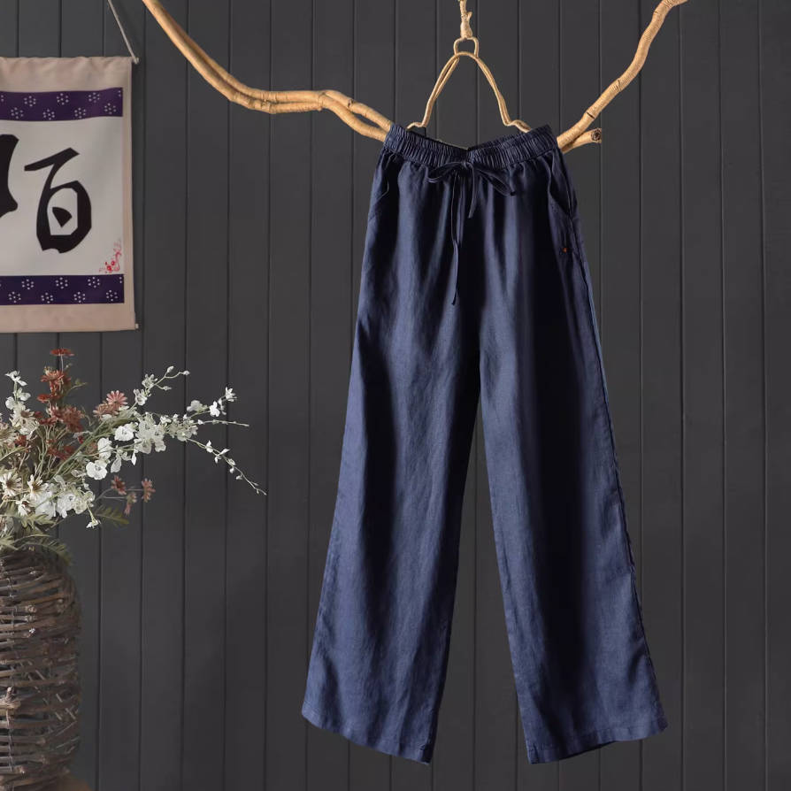 Spring Linen Solid Color Embroidered Elastic Waist Soft Pants