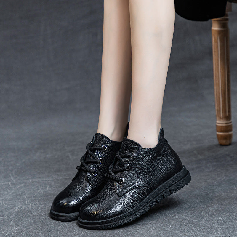 Top Leather Vintage Round Toe Soft Sole Lace-Up Flat Shoes