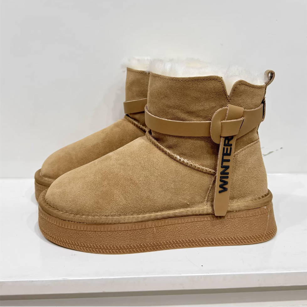 Winter Warm Leather Woolen Platform No-Slip Straped Ankle Boots