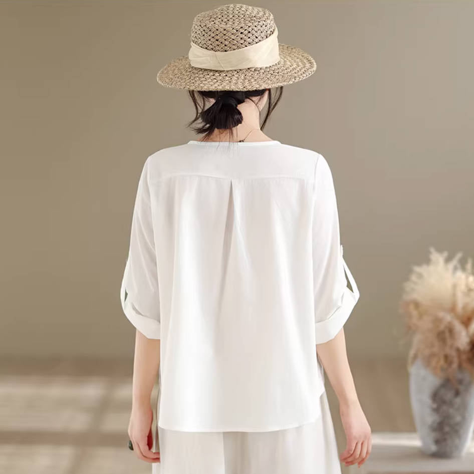Retro Linen V-Neck Box Pleat Solid Color Half Sleeves Loose Tops