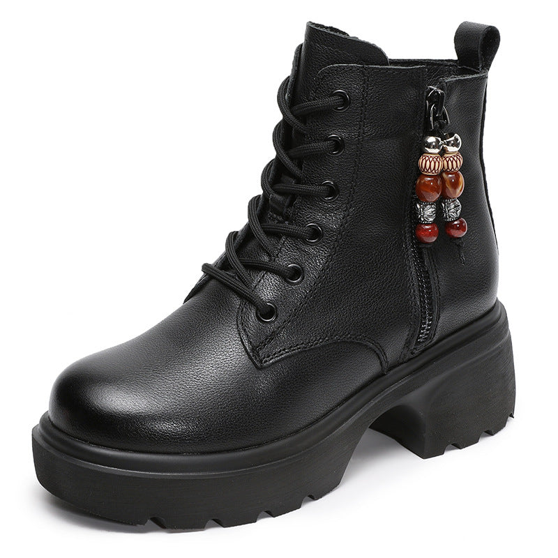 Genuine Leather Retro Platform Chunky Beading Zipper Boots