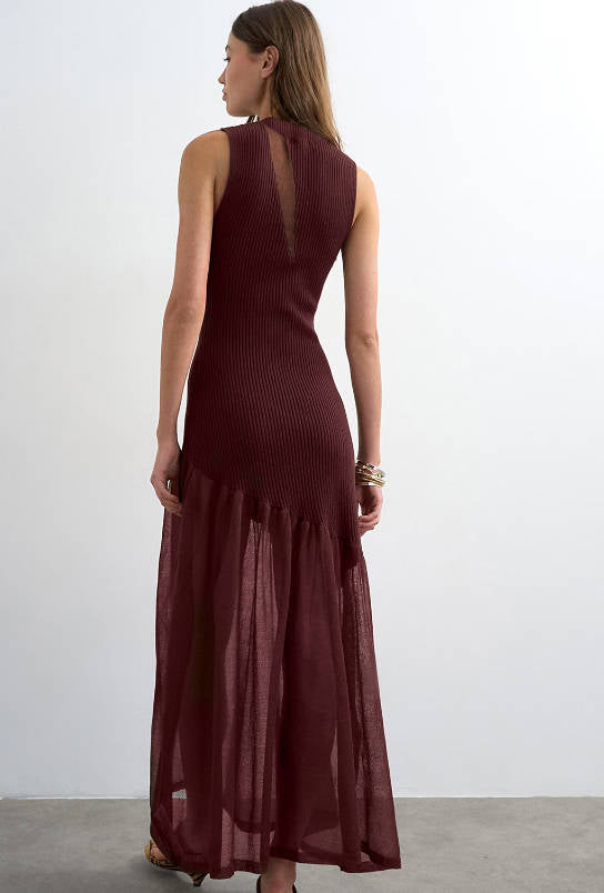 Summer Mature Elegant Mesh Panel Design Ribbed Knit Dress