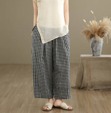 Vintage Cotton Linen Loose Fit Slimming Versatile Plaid Capris Pant