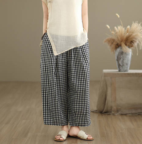 Vintage Cotton Linen Loose Fit Slimming Versatile Plaid Capris Pant