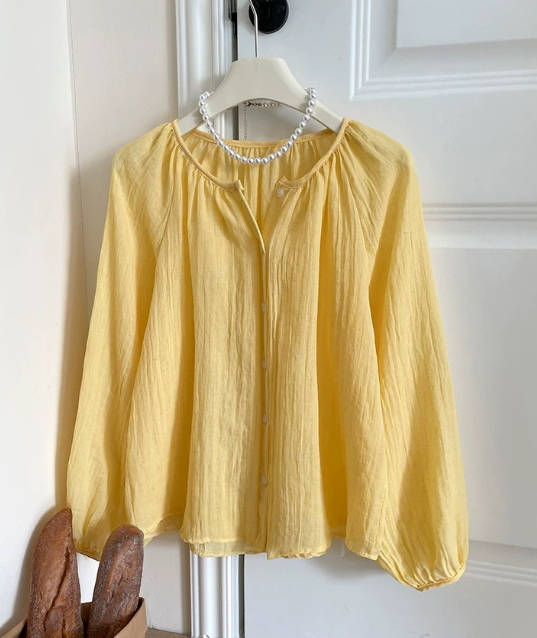 Women Summer Cotton Linen Loose Solid Color Round Neck Blouses