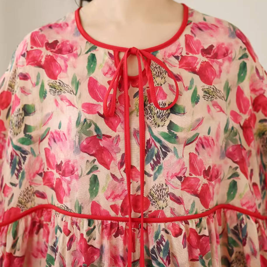 Summer Retro Linen Floral Printed Loose Half Sleeves A-Line Dress
