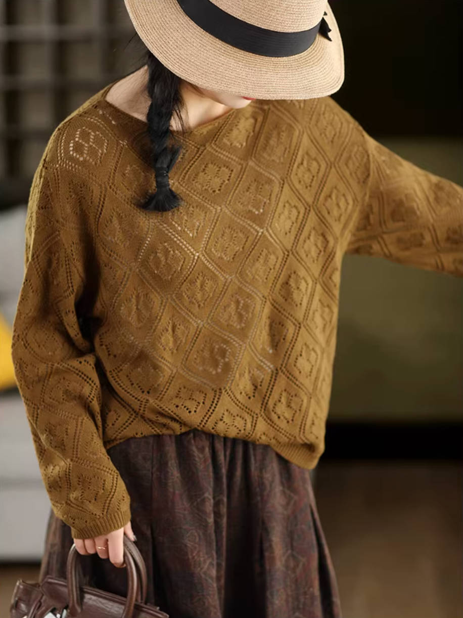 Spring Cotton Hallow Round Neck Thin Knitted Loose Top