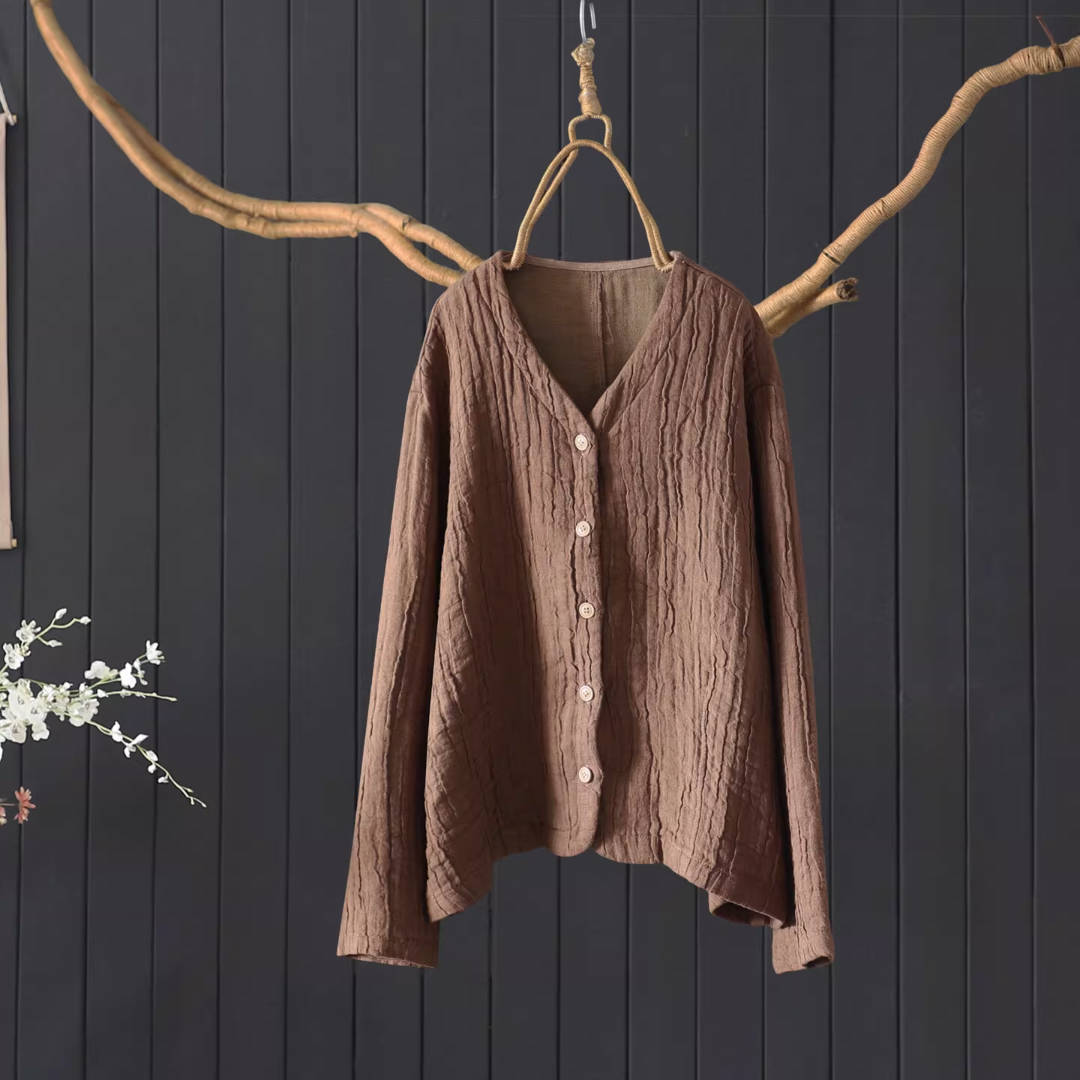 Retro Linen V-Neck Wrinkled Solid Color Single-Breasted Shirt