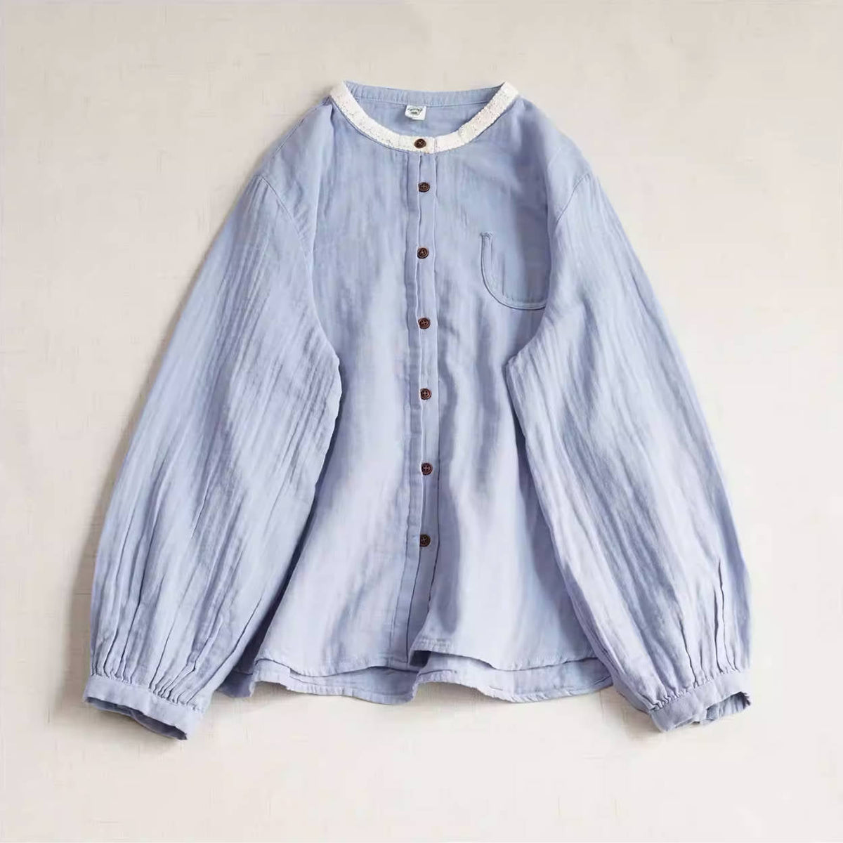 Spring Retro Cotton Round Neck Patchwork Versatile Loose Shirt