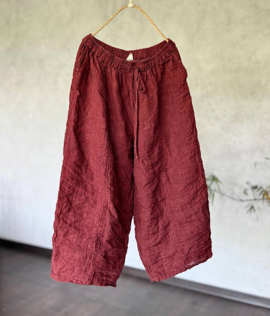 Vintage Women Yarn-Dyed Linen Drawstring Loose Waist Nine-Part Pants