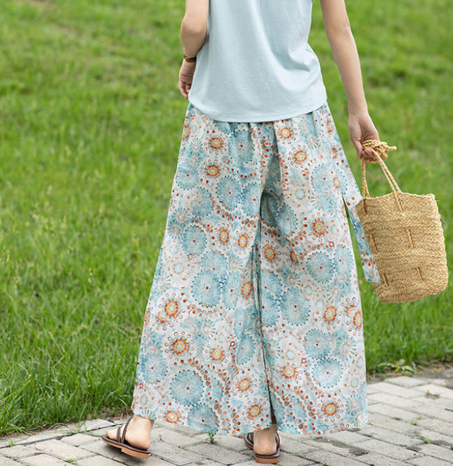 Spring Loose Casual Linen Print Wide Leg Pants
