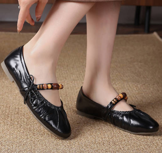 Vintage French Square Toe Beaded Detail Mary Jane Shoes Flat