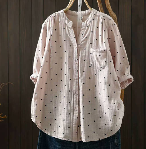 Vintage Loose Fitting Short Sleeve Polka Dot Cotton Linen Shirt