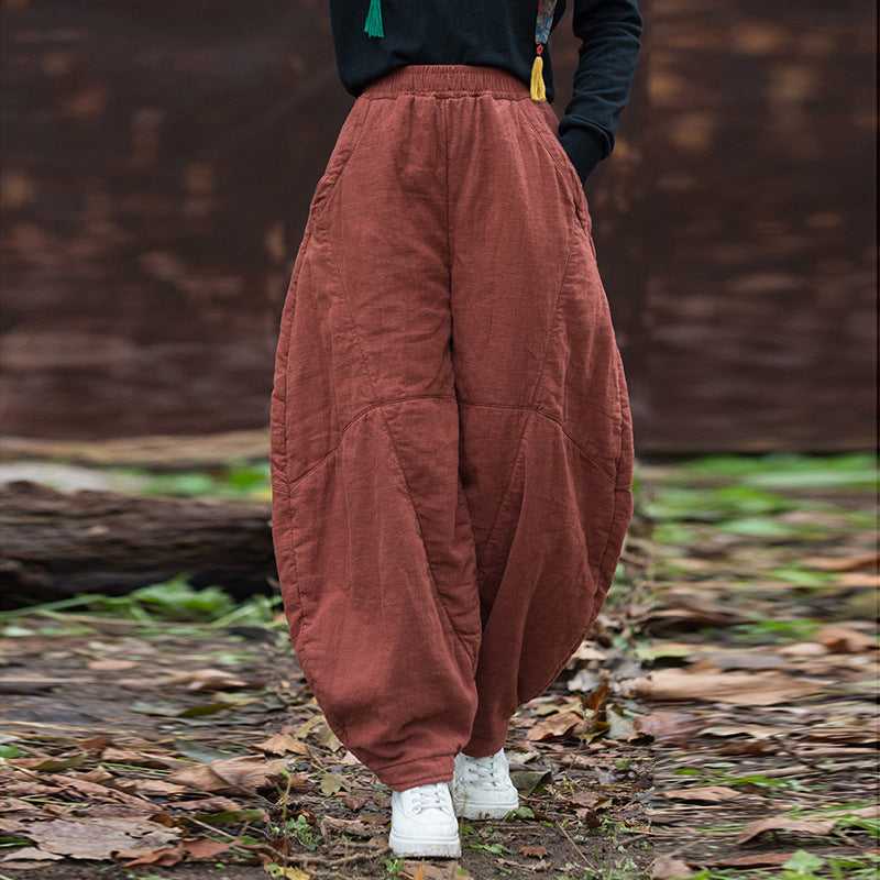 Winter Ramie Loose Solid Color Cotton-In Elastic Waist Harem Pants