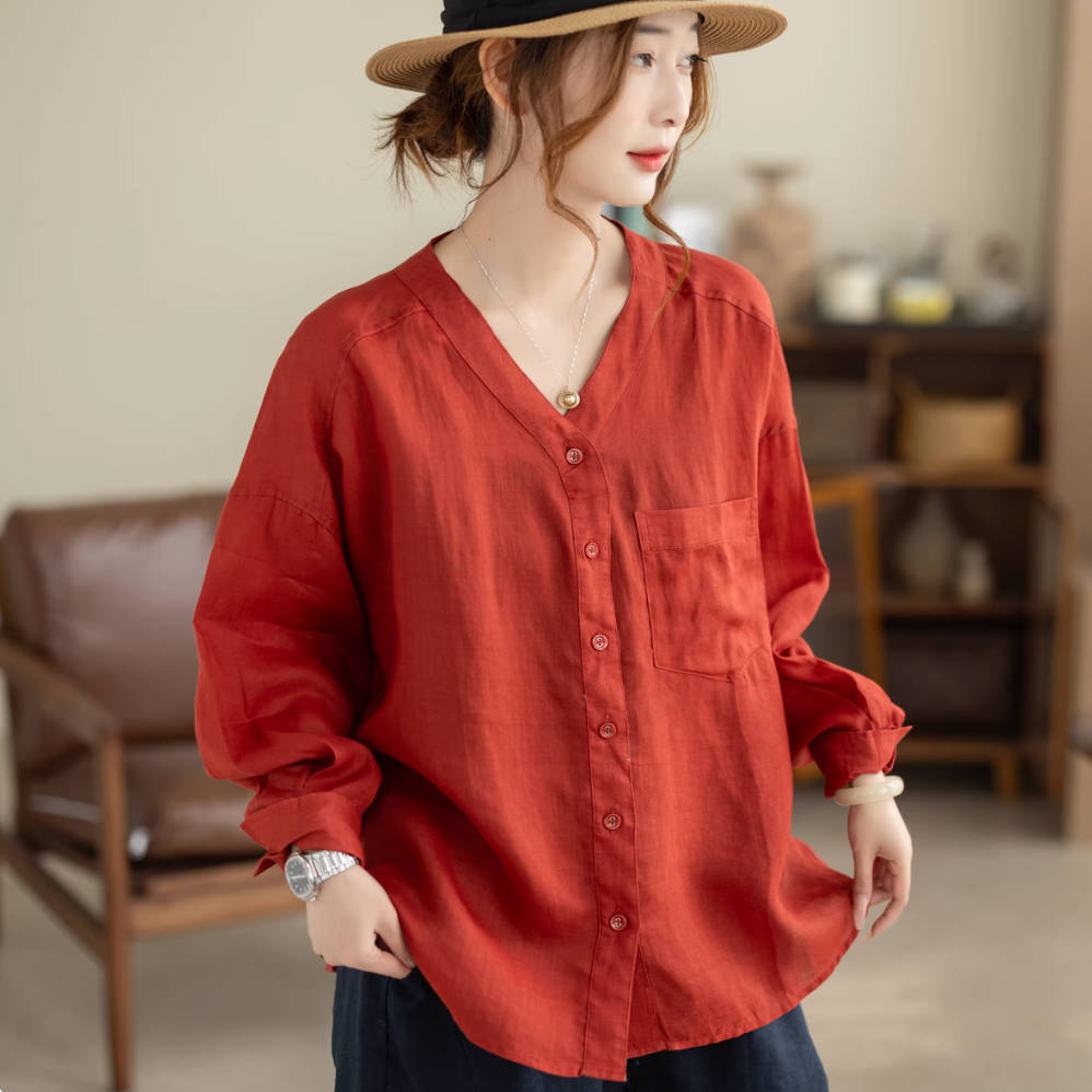 Thin Retro Ramie V-Neck Comfy Long Sleeves Loose Casual Shirt