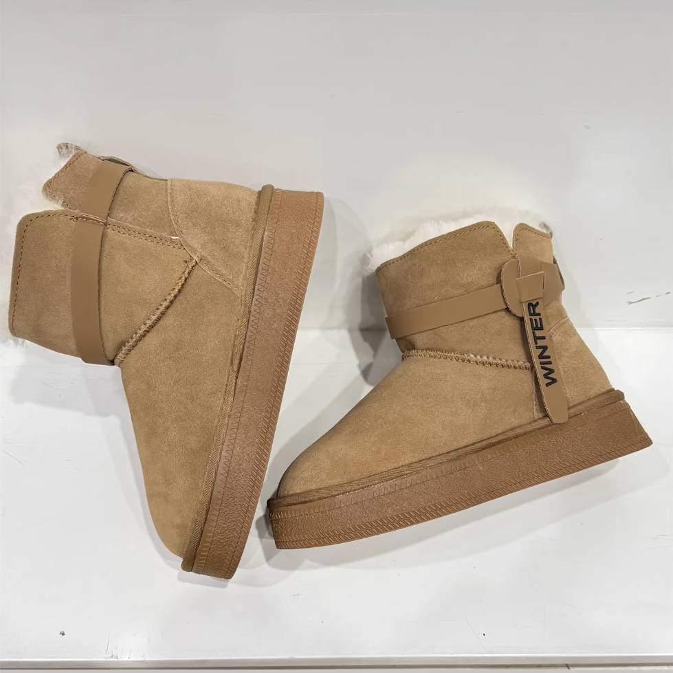 Winter Warm Leather Woolen Platform No-Slip Straped Ankle Boots