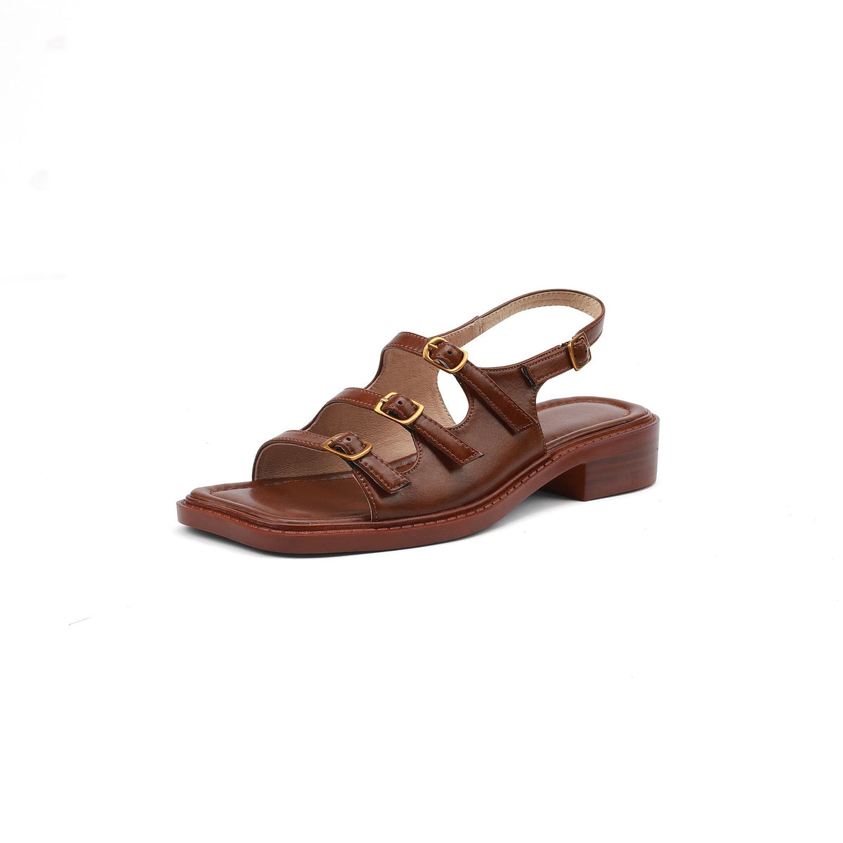 Vintage Cowhide Open Toe Straped Low Heel Wide Feet Sandals