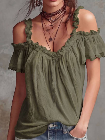 Spring Solid Color Linen Ruffle Collar Spaghetti Strap Top