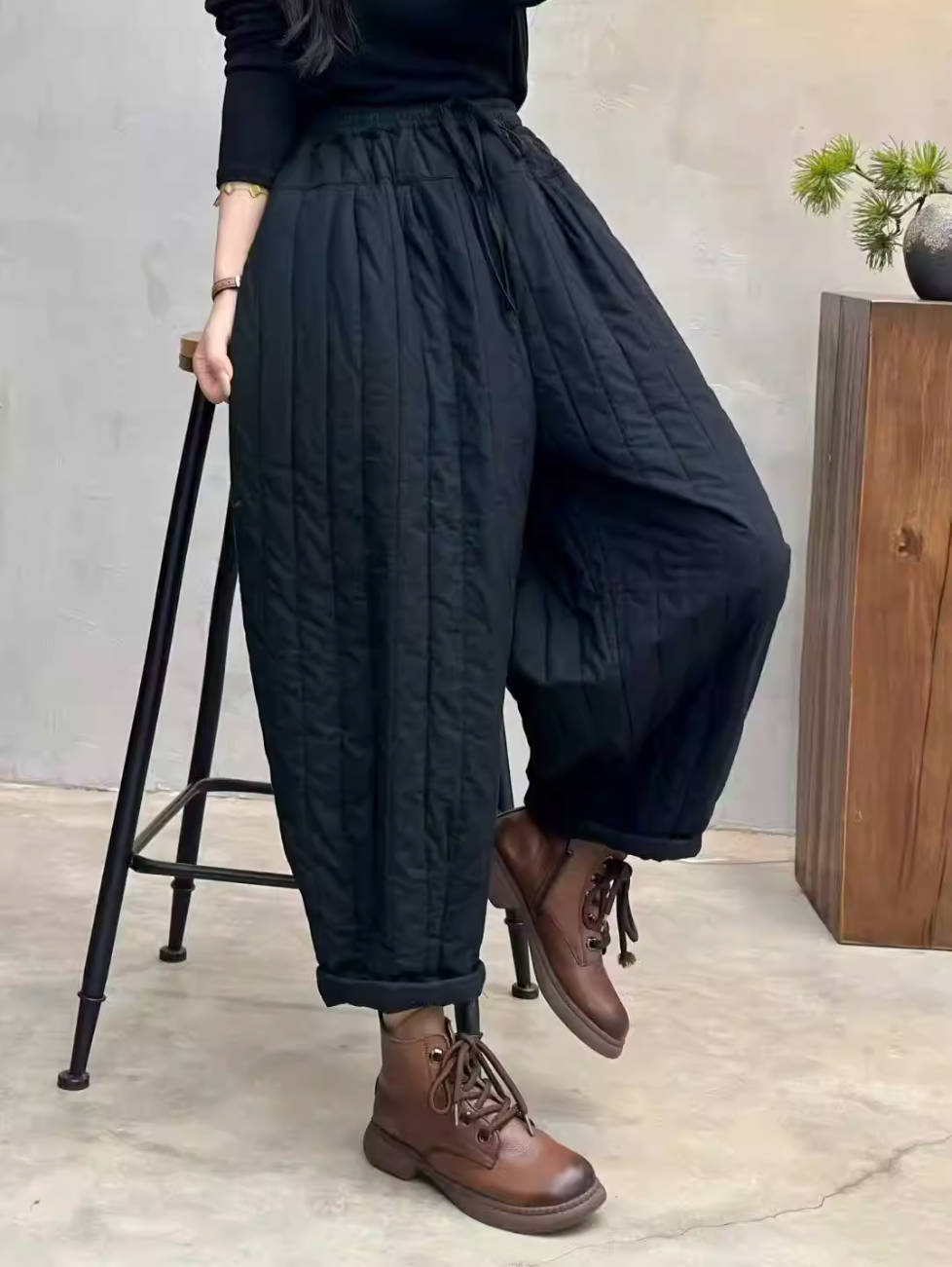 Winter Cotton Striped Warm Cotton-In Lace-Up Harem Pants