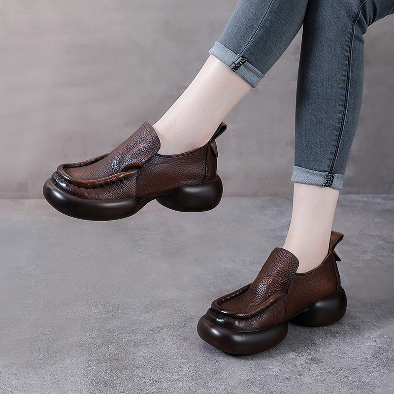 Retro Top Leather Round Toe Thick Sole  Slip-On Stylish Shoes