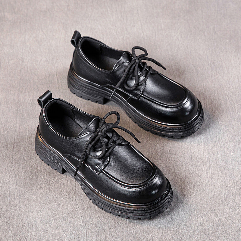 Spring Top Leather Round Toe Platform Thick Sole Lace-Up Casual Shoes