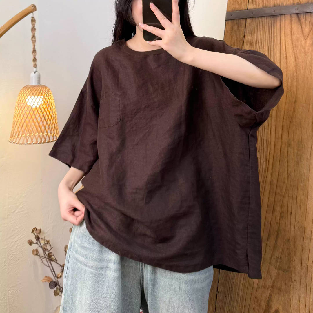 Spring Linen Solid Color Round Neck Loose Comfortable Tops