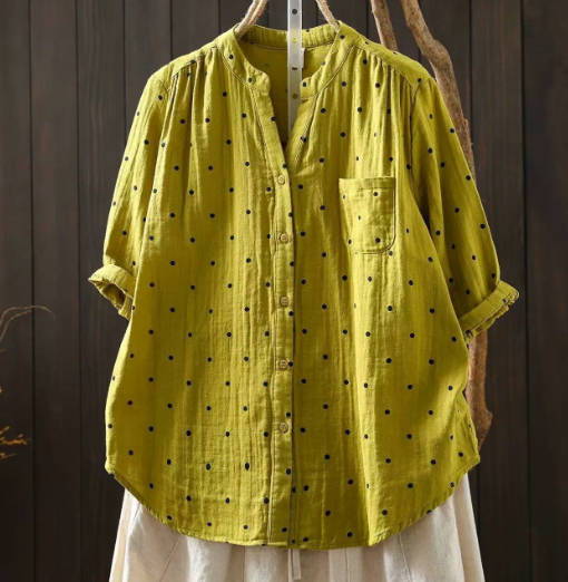 Vintage Loose Fitting Short Sleeve Polka Dot Cotton Linen Shirt