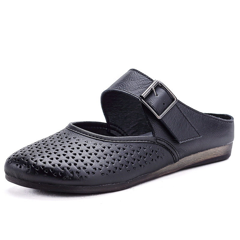 Retro Top Leather Round Toe Hollow One Straped Slip-On Shoes