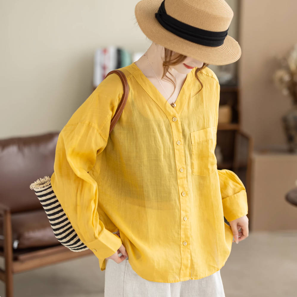 Thin Retro Ramie V-Neck Comfy Long Sleeves Loose Casual Shirt