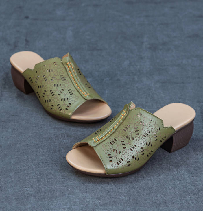 Vintage Genuine Leather Open Toe Fish Mouth Hollow Out Soft Sandals
