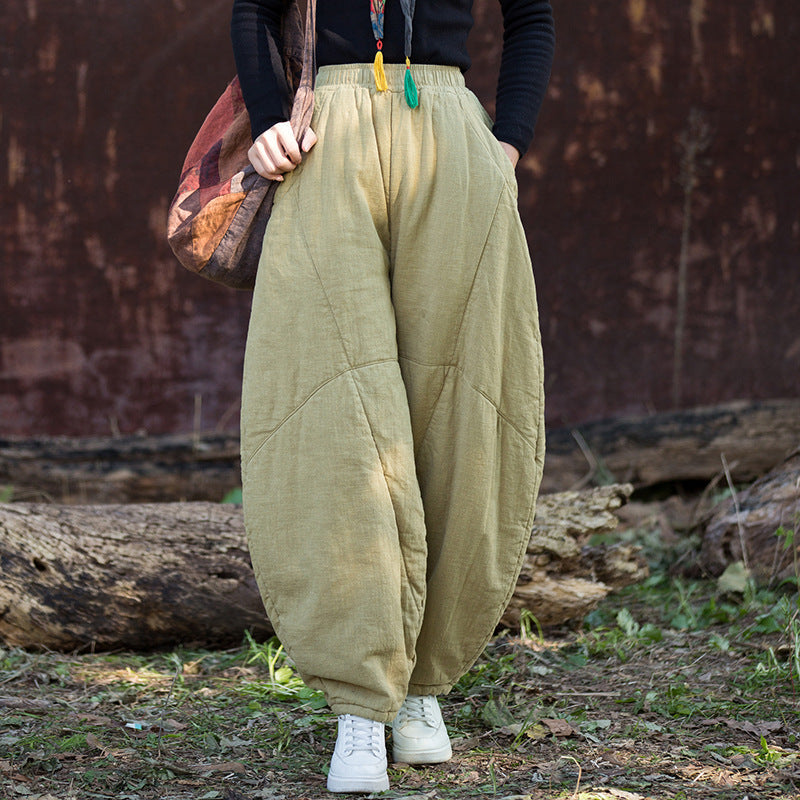 Winter Ramie Loose Solid Color Cotton-In Elastic Waist Harem Pants