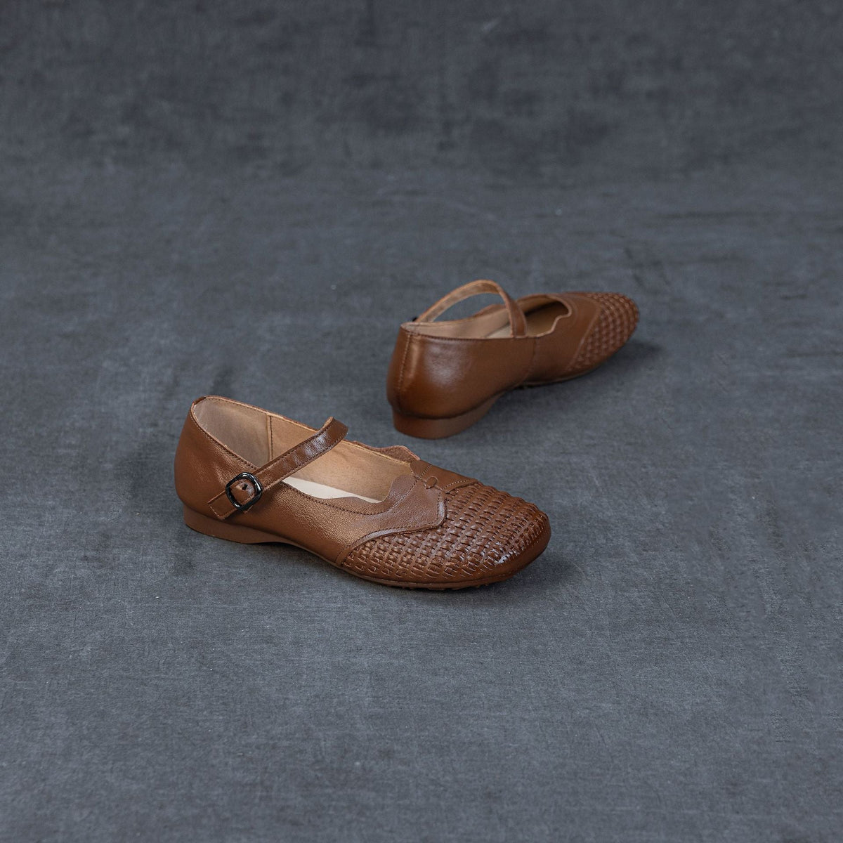 Retro Leather Woven Patchwork One Straped Casual Flat Sole Shoes