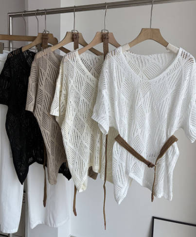 Women V-Neck Diamond Pattern Hollow Knit Short Sleeve Irregular Top