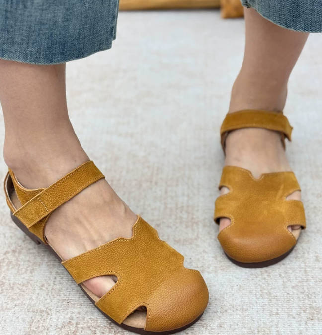 Vintage Women Leather Hallow Out Closed Toe Soft Sandals
