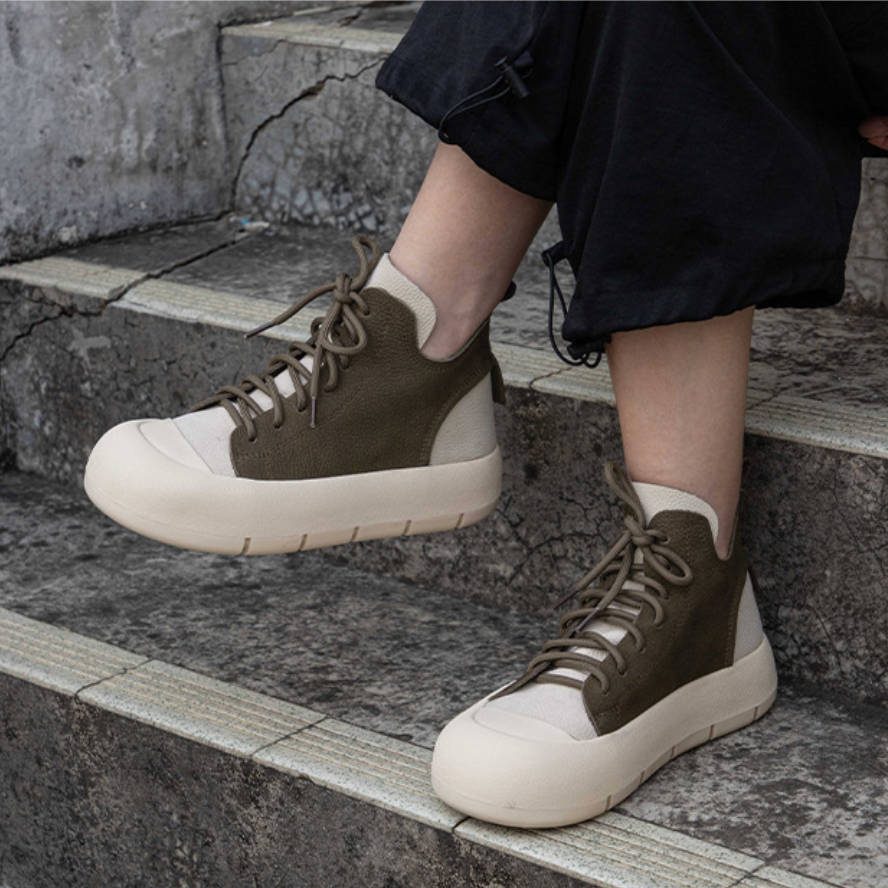 Retro Classic Genuine Leather Platform Patchwork Lace-Up Shoes