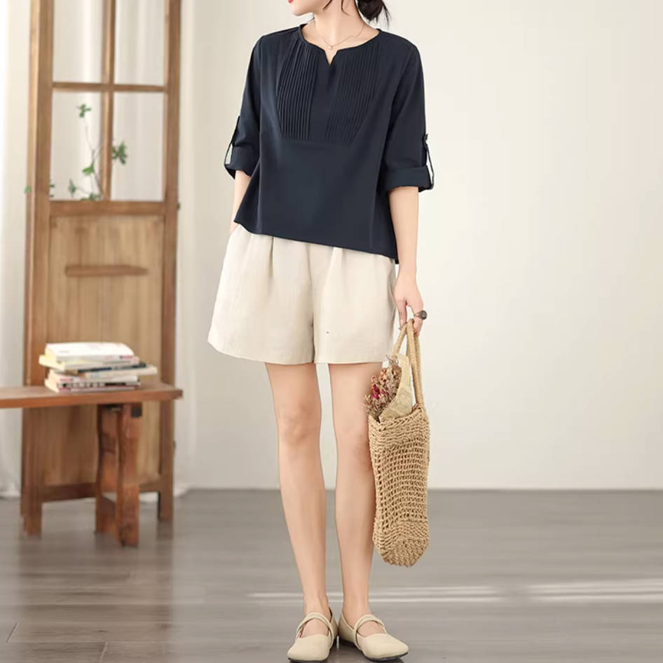 Retro Linen V-Neck Box Pleat Solid Color Half Sleeves Loose Tops