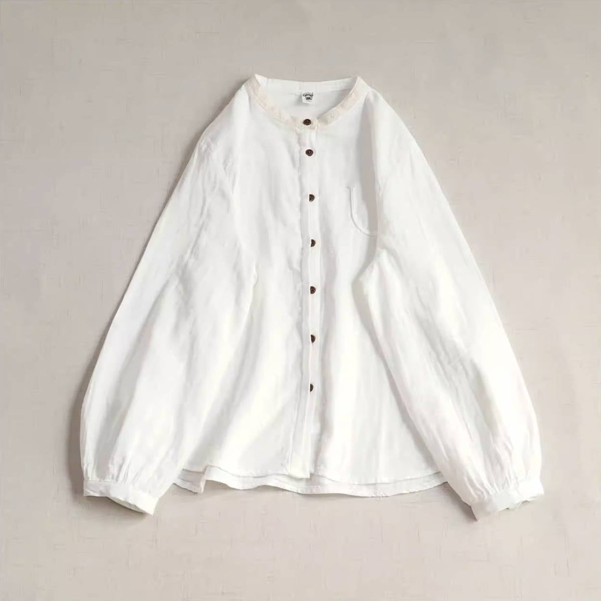 Spring Retro Cotton Round Neck Patchwork Versatile Loose Shirt