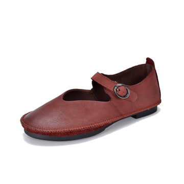 Spring Genuine Leather Round Toe One Straped Versatile Flat Shoes