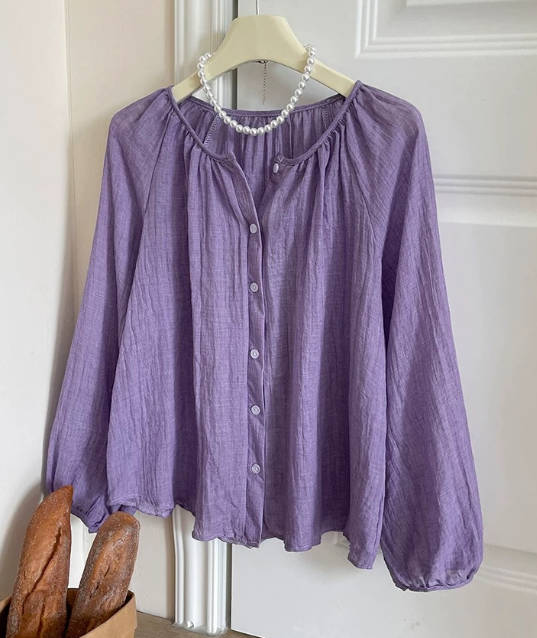Women Summer Cotton Linen Loose Solid Color Round Neck Blouses
