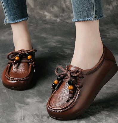 Vintage Women Top-Grain Leather Square Toe Soft Sole Wide Fit Flats