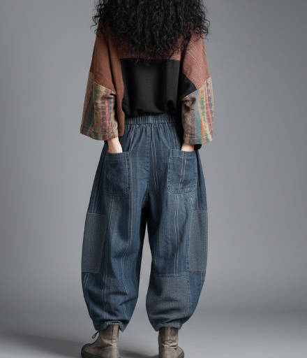Retro Patchwork Plaid Denim Wide-Leg Trousers