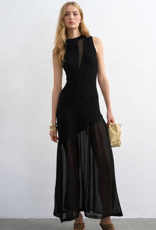 Summer Mature Elegant Mesh Panel Design Ribbed Knit Dress